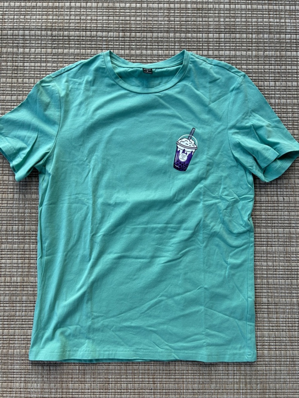SHEIN Mint Green Short Sleeve Tee with Bubble Tea Patch SPend Every Day Happily